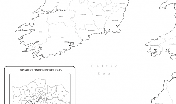 Big Britain and Ireland counties and regions colouring map