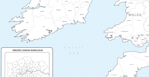 Big Britain and Ireland counties and regions colouring map