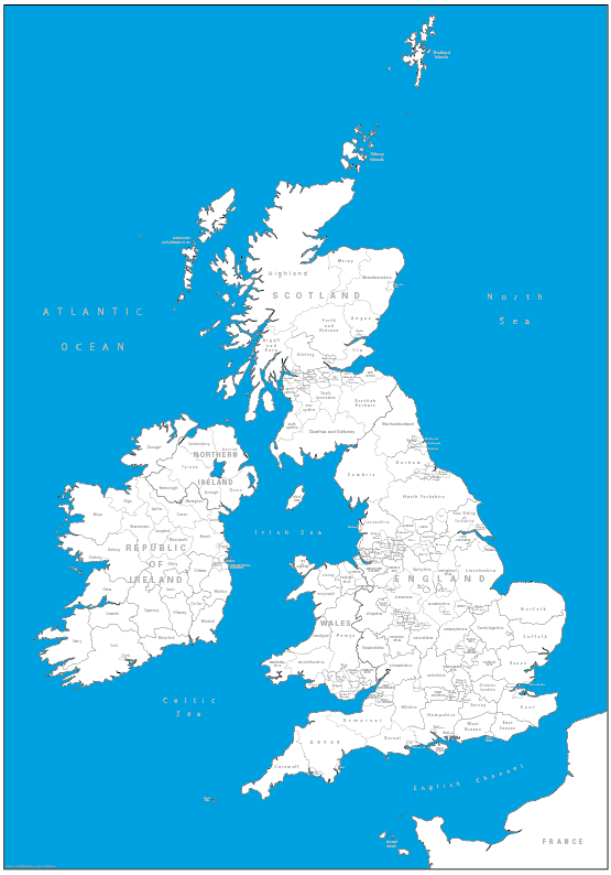 Canvas coloured British Isles counties Map (UK free delivery)