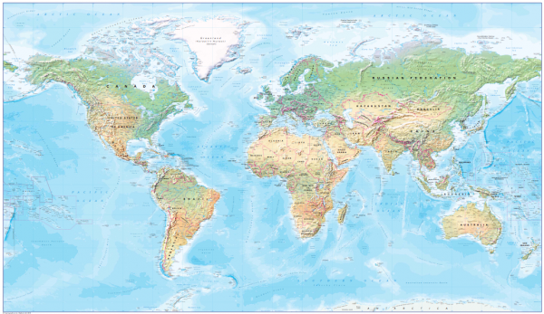 Canvas World map in natural colours - huge (UK free delivery)