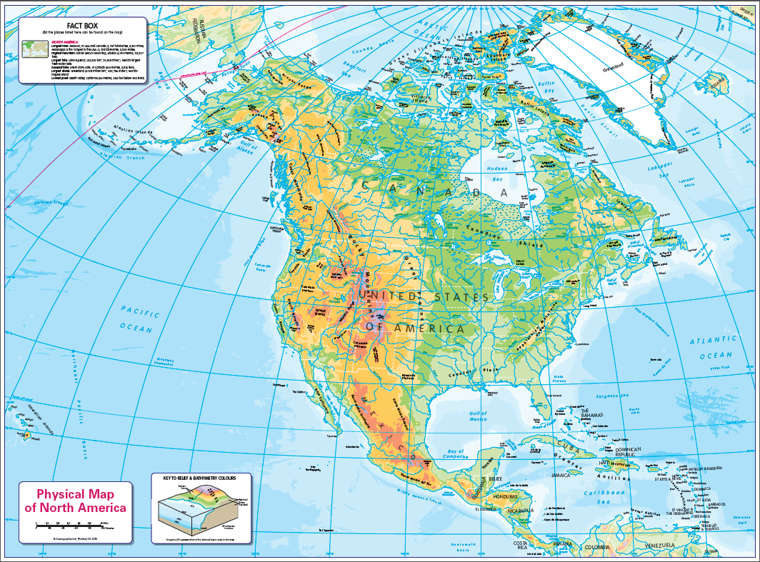 Physical map of North America