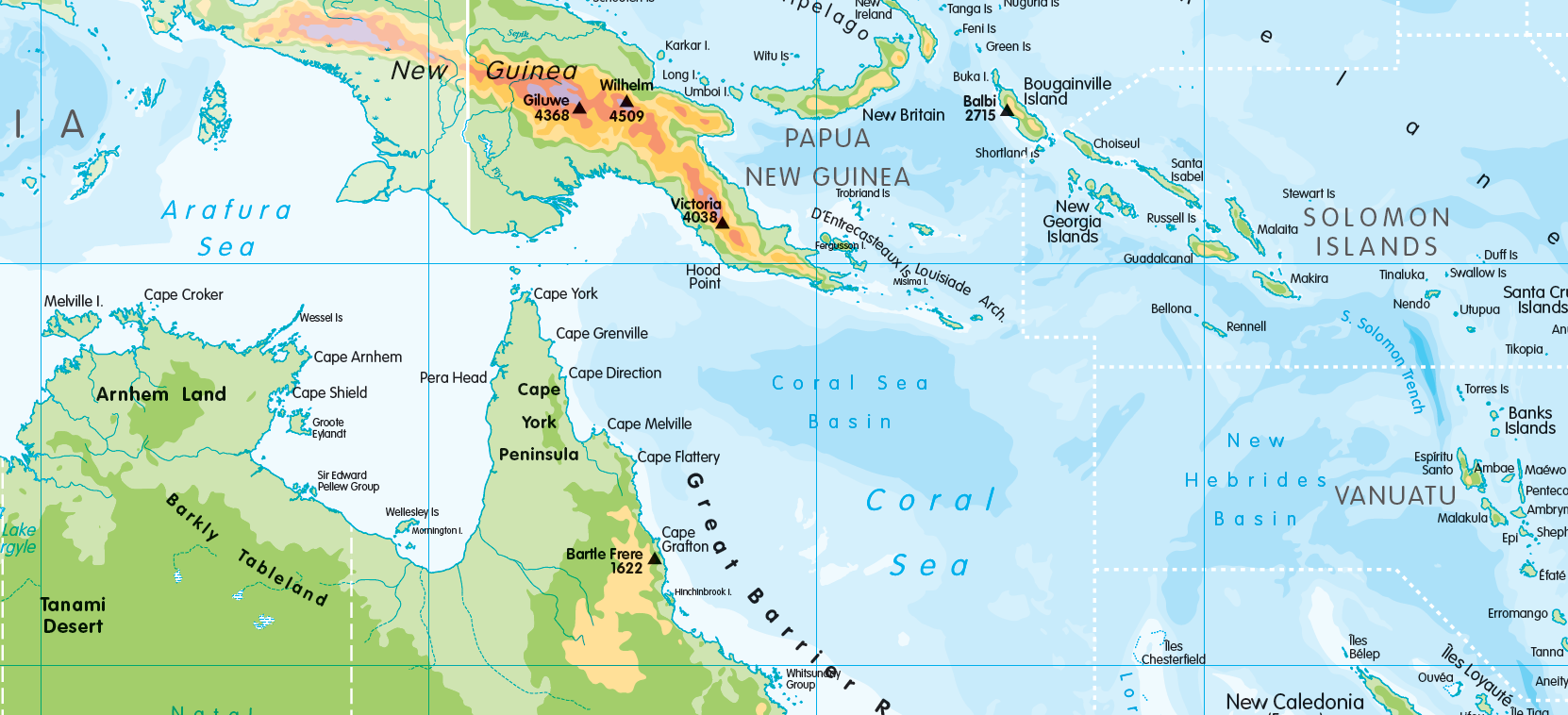 Physical map of Oceania - small wall map