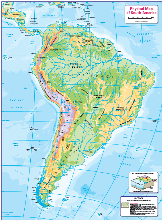 Physical map of South America - small wall map