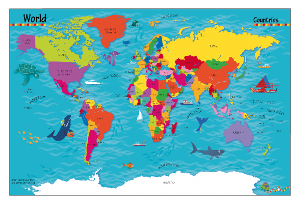 Children's Picture World Countries Map - Framed canvas