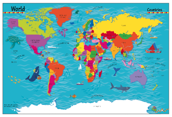 Children's Picture World Countries Map - Large Framed canvas