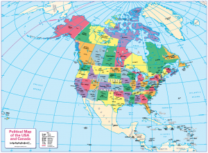 Children's political map of Canada and the USA