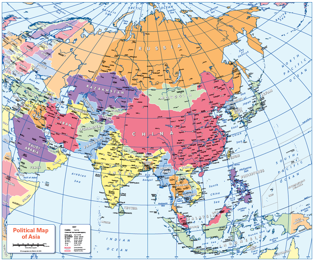 Political map of Asia - small wall map