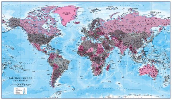 Canvas World Map - red, pink and grey (UK free delivery)