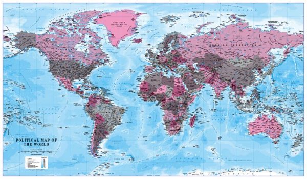 Canvas World Map - red, pink and grey (UK free delivery)