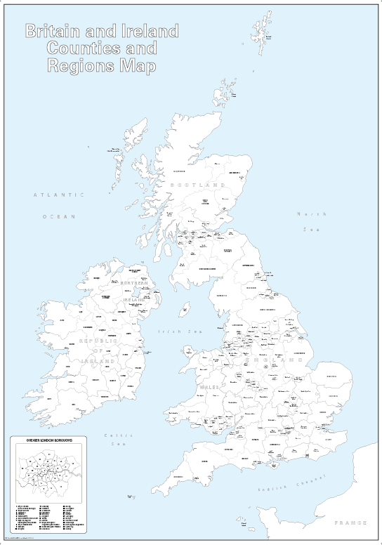 Large Britain and Ireland counties and regions colouring map