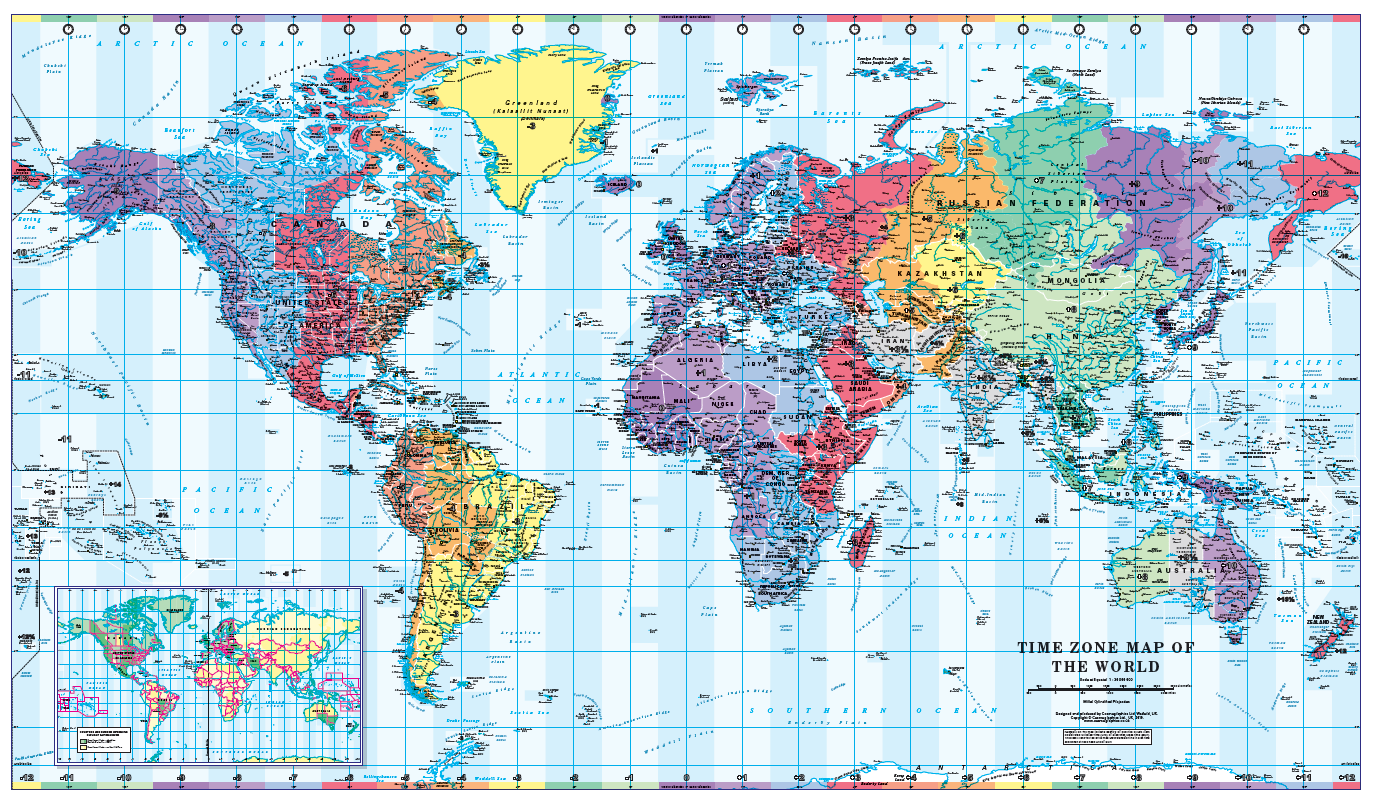 Global Time Zone Map Large World Timezones Map - Colour Blind Friendly - Cosmographics Ltd
