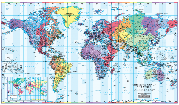 Large World Timezones Map - colour blind friendly