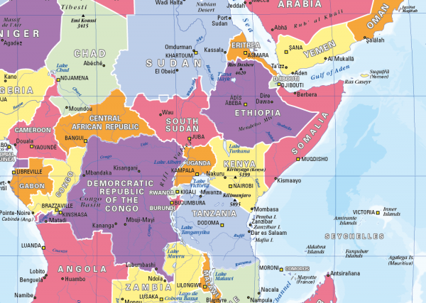 Political World Map (curved projection) - colour blind friendly