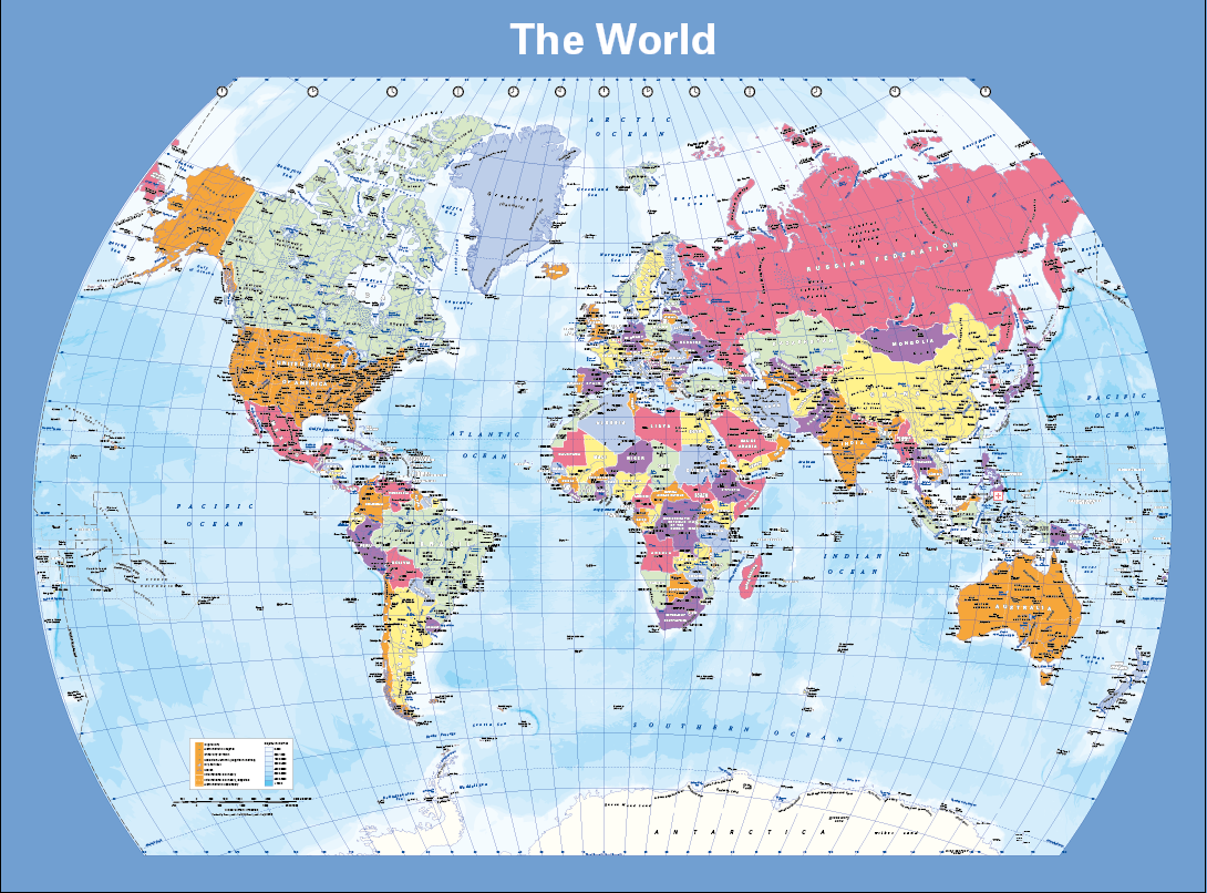 Political World Map (curved projection) - colour blind friendly