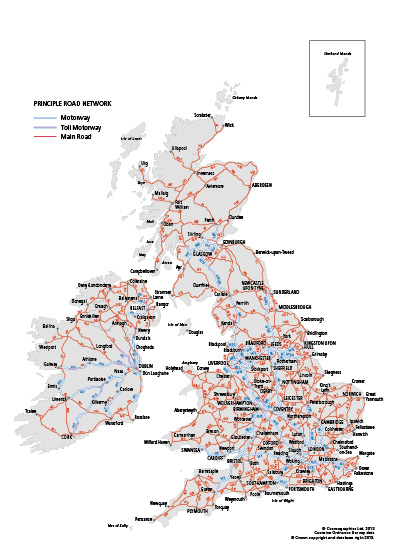 Principle road network of the British Isles - Cosmographics Ltd